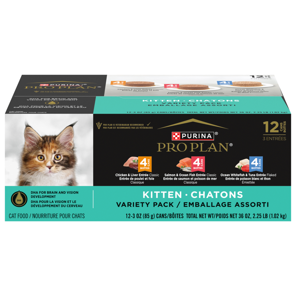 Purina Pro Plan - Chaton Assortiment de Pâté Poulet et Foie, Pâté Saumon et Poisson de Mer, Poisson Blanc et Thon Émietté - Multipak de 12 x 85 g - Nourriture Humide pour Chats