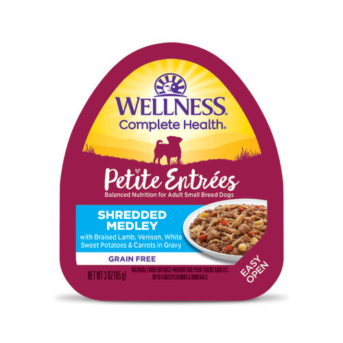 Wellness Petite Entrées - Mélange Effiloché d'Agneau, Venaison, Patates Douces Blaches et Carottes en Sauce - Nourriture Humide Sans Grains pour Chiens de Petites Races