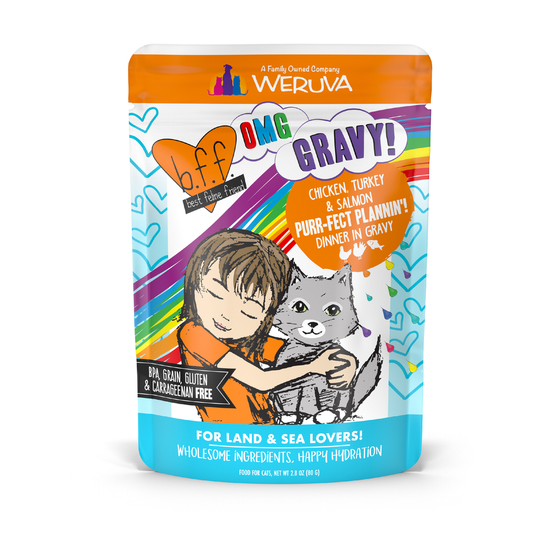 Weruva Best Fido Friend Oh My Gravy! - Chat "Purr-Fect Plannin'!" Poulet, Dinde et Saumon en Sauce - Nourriture Humide Sans Grains pour Chats en Pochette