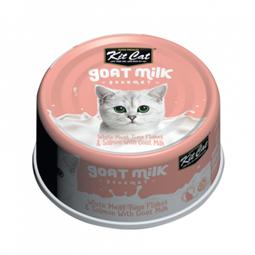 Kit Cat Gourmet - Flocons de Thon à Chair Blanche, Saumon et Lait de Chèvre - Nourriture Humide Sans Grains pour Chats