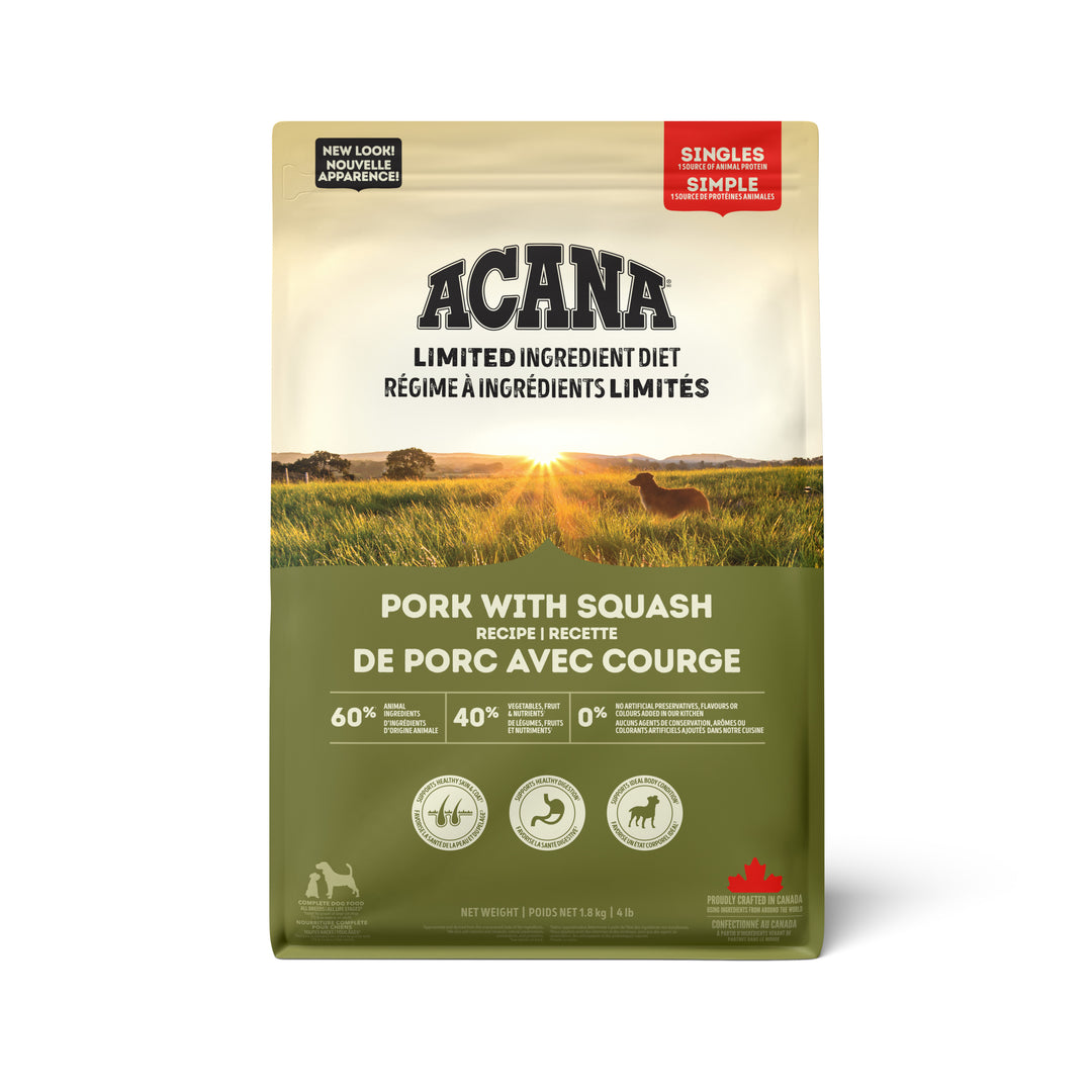 Acana Singles - Porc et Courge - Nourriture Sèche Sans Grains à Ingrédients Limités pour Chiens