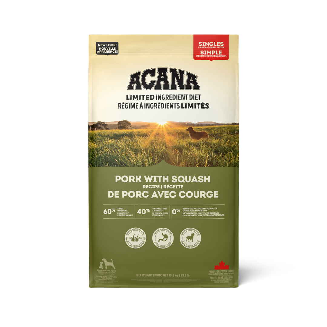 Acana Singles - Porc et Courge - Nourriture Sèche Sans Grains à Ingrédients Limités pour Chiens