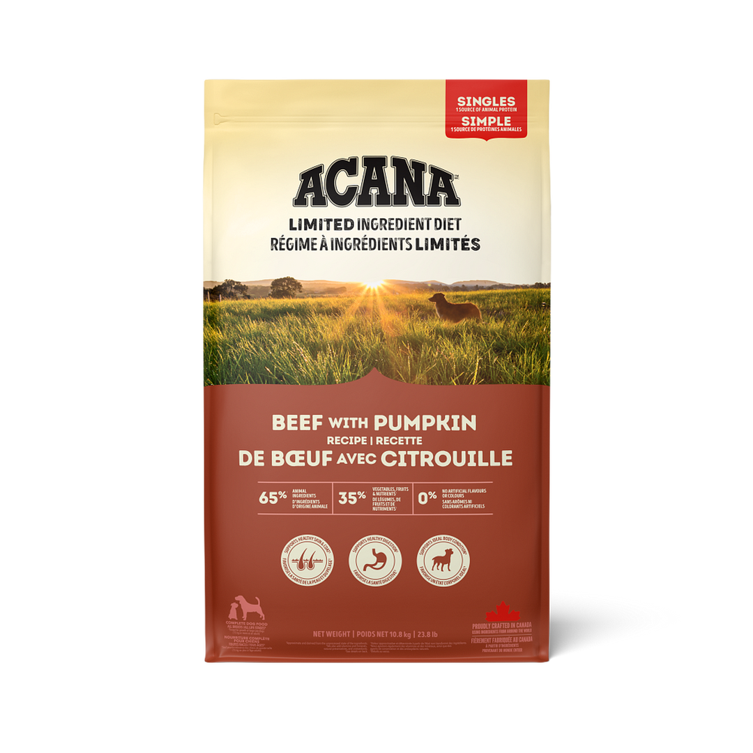 Acana Singles - Boeuf et Citrouille - Nourriture Sèche Sans Grains à Ingrédients Limités pour Chiens