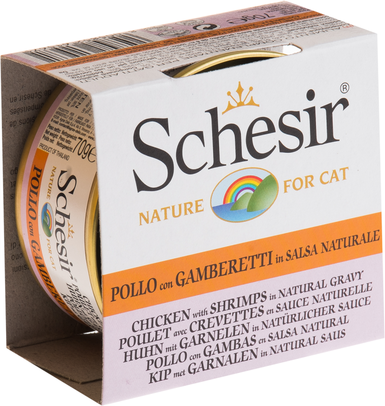 Schesir - Chat Adulte Filets de Poulet et Crevettes en Sauce Naturelle - Nourriture Humide pour Chats