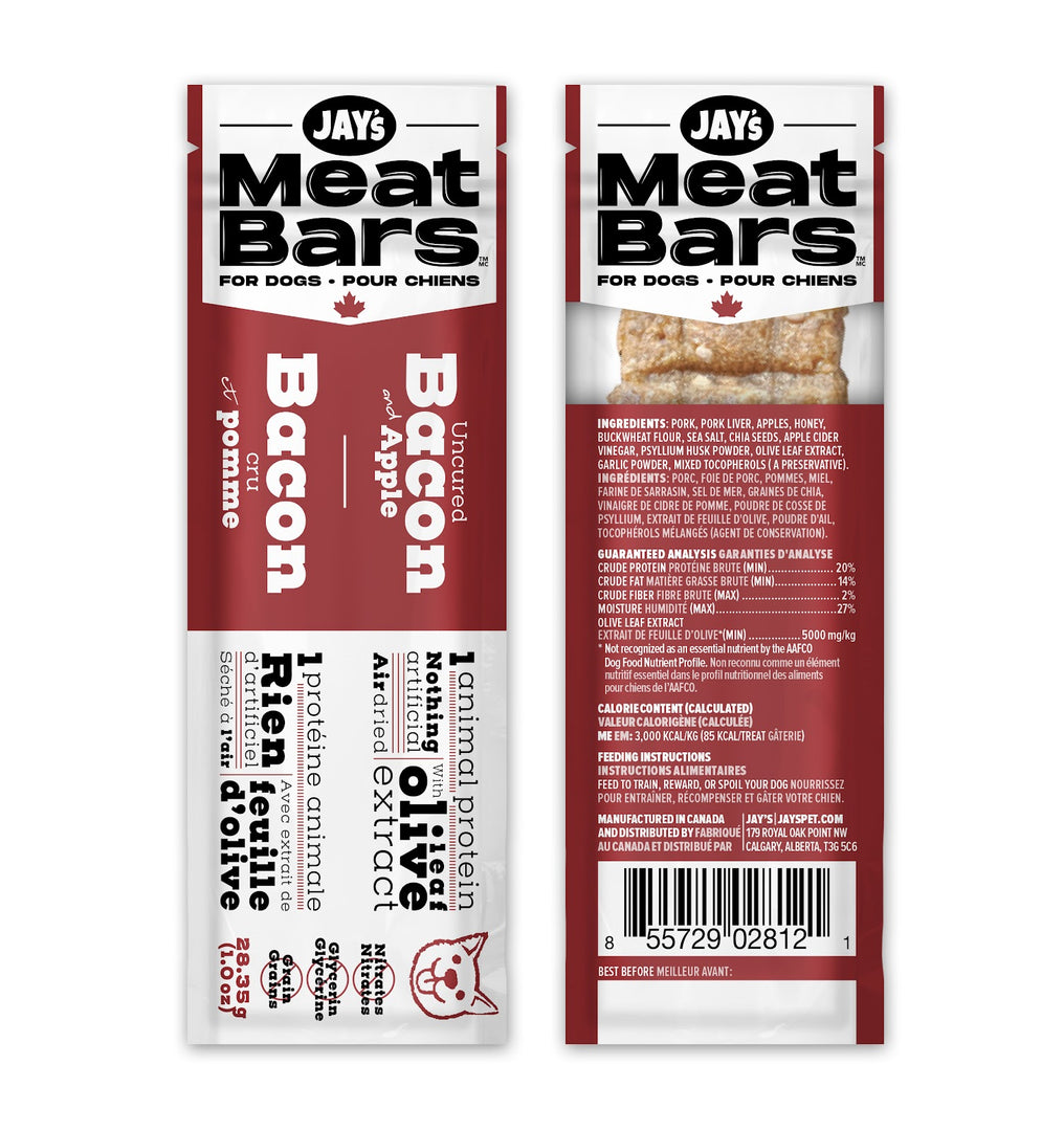 JAY'S MEAT BARS Gâteries Chien Barre Bacon & Pomme 28.35g
