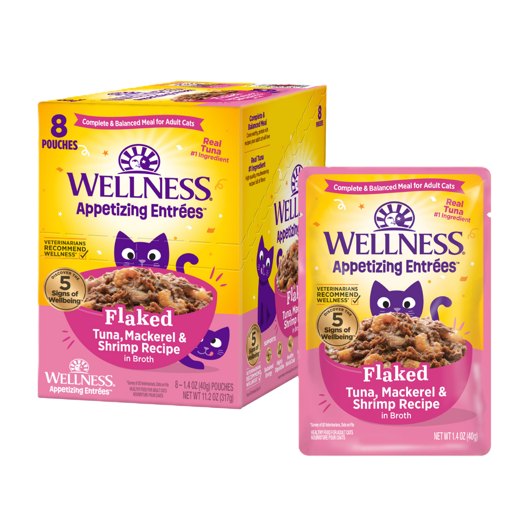 Wellness Appetizing Entrees - Thon Effiloché, Maquereau et Crevettes - Nourriture Humide Sans Grains pour Chats