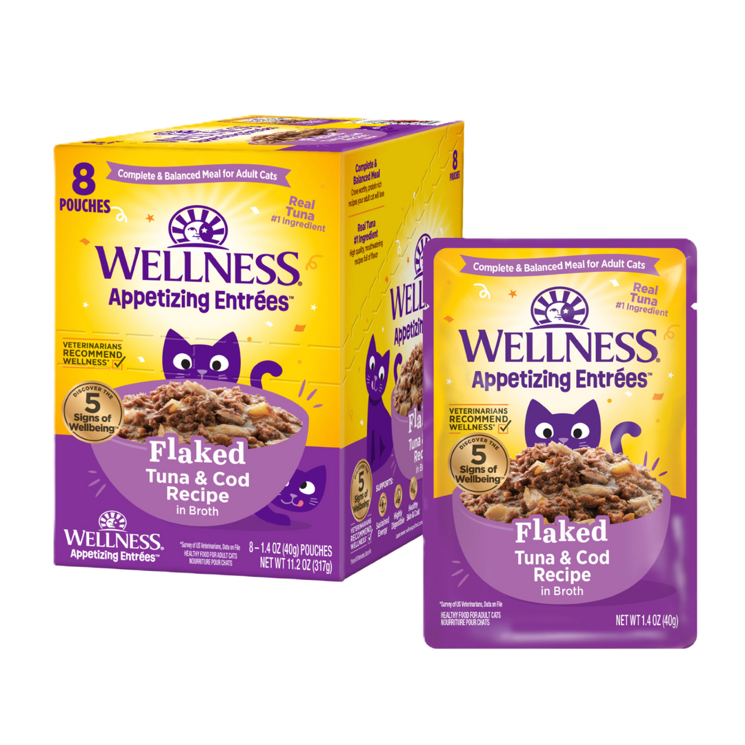 Wellness Appetizing Entrees - Thon et Morue Émiettés en Bouillon - Nourriture Humide pour Chats Adultes en Sachet