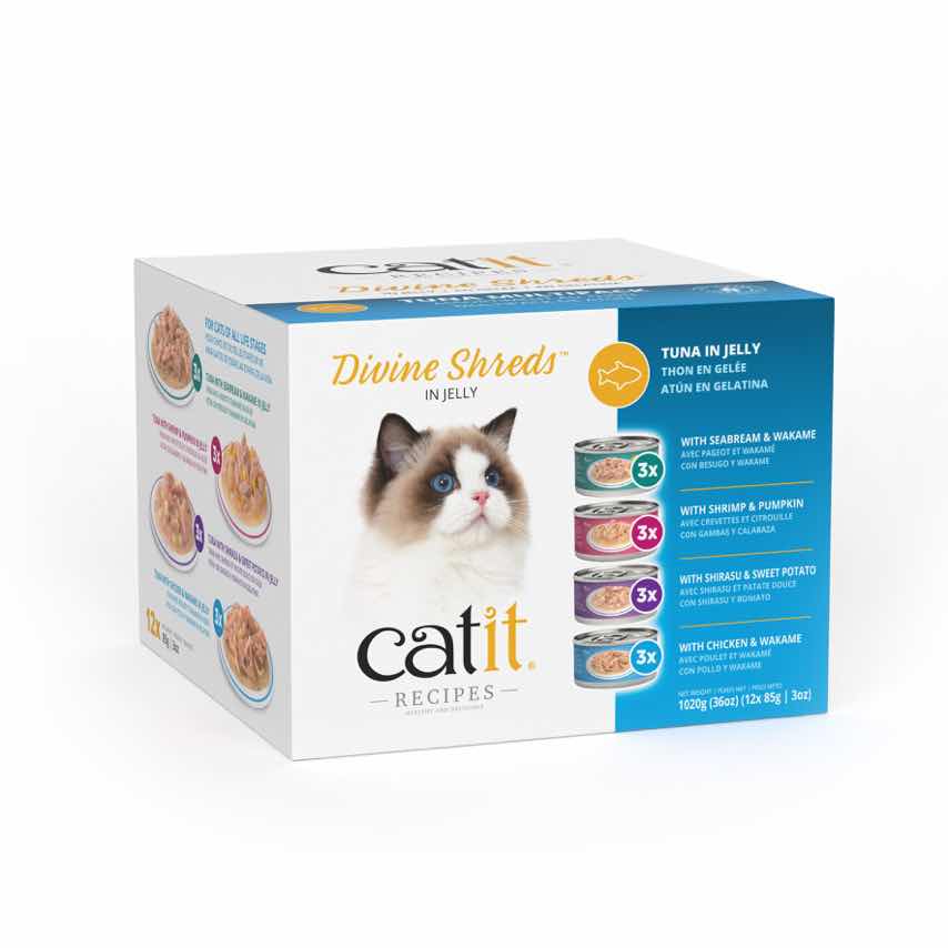 Catit Divine Shreds - Chat Assortiment au Thon en Gelée - Multipack de 12 x 85 g - Nourriture Humide Sans Grains pour Chats