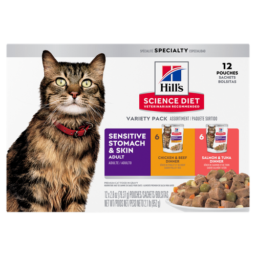 Hill's Science Diet - Estomac et Peau Sensibles - Assortiment de Poulet & Boeuf et Saumon & Thon en Sauce - Nourriture Humide pour Chats Adultes