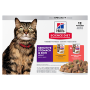 Hill's Science Diet - Chat Adulte Estomac et Peau Sensible Assortiments de Poulet et Boeuf, Saumon et Thon en Sauce, Boîte de 12 - Nourriture Humide pour Chats en Sachet