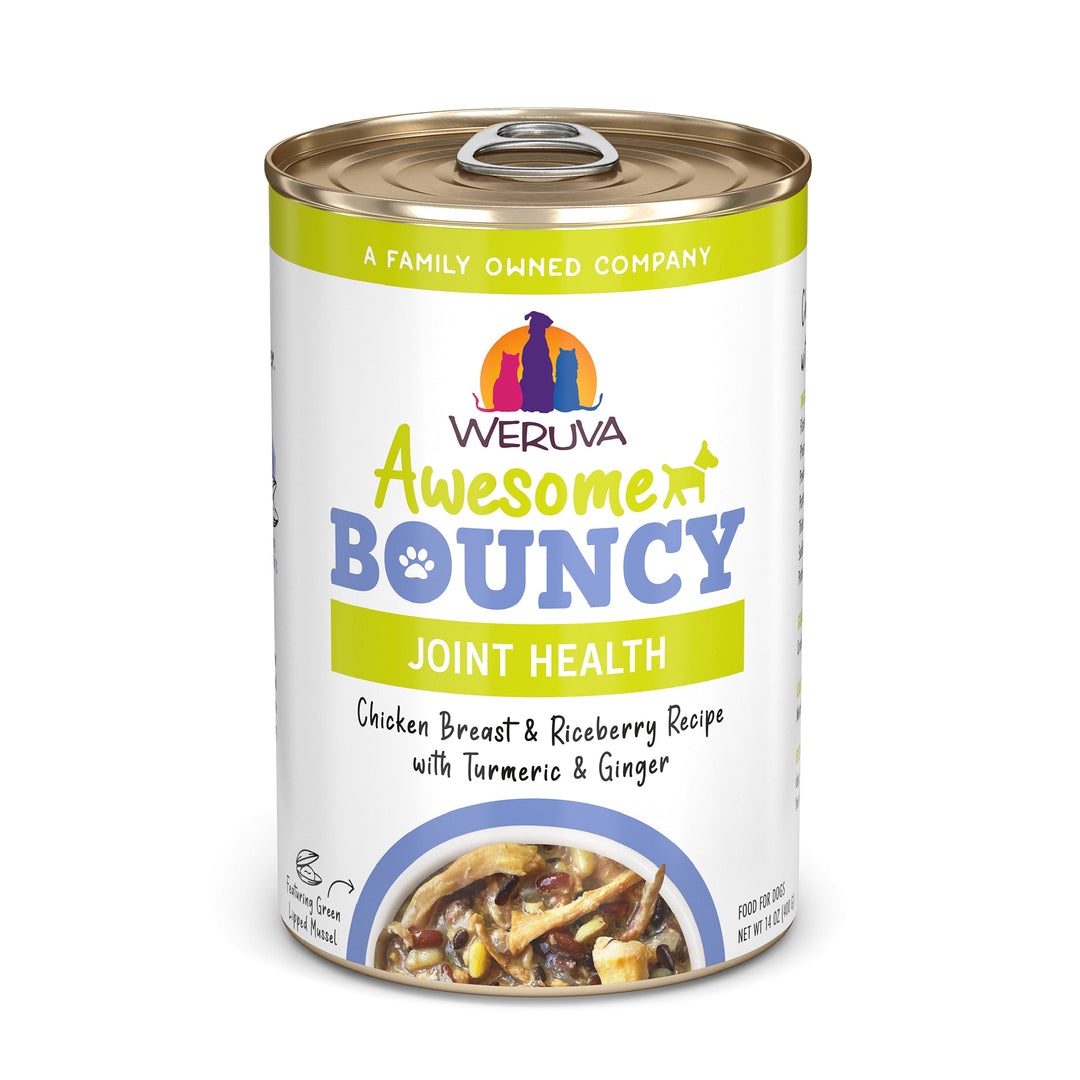Weruva Functional - Chien "Awesome Bouncy" Santé des Articulations Poitrine de Poulet, Baie de Riz, Curcuma et Gingembre en Bouillon - Nourriture Humide Sans Grains pour Chiens