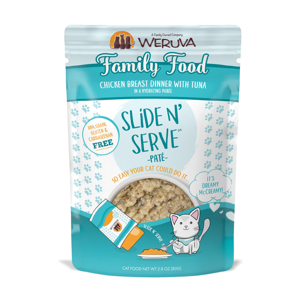 Weruva Slide N' Serve - Family Food - Pâté de Poitrine de Poulet et Thon dans une Purée Hydratante - Nourriture Humide Sans Grains pour Chats en Sachet