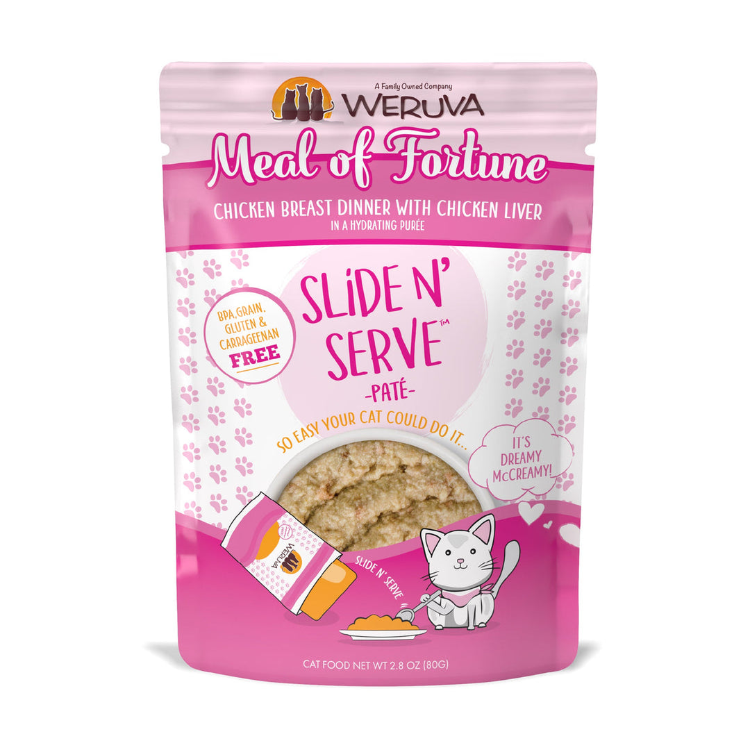 Weruva Slide N' Serve - Meal of Fortune - Pâté de Poitrine de Poulet et Foie de Poulet dans une Purée Hydratante - Nourriture Humide Sans Grains pour Chats en Sachet