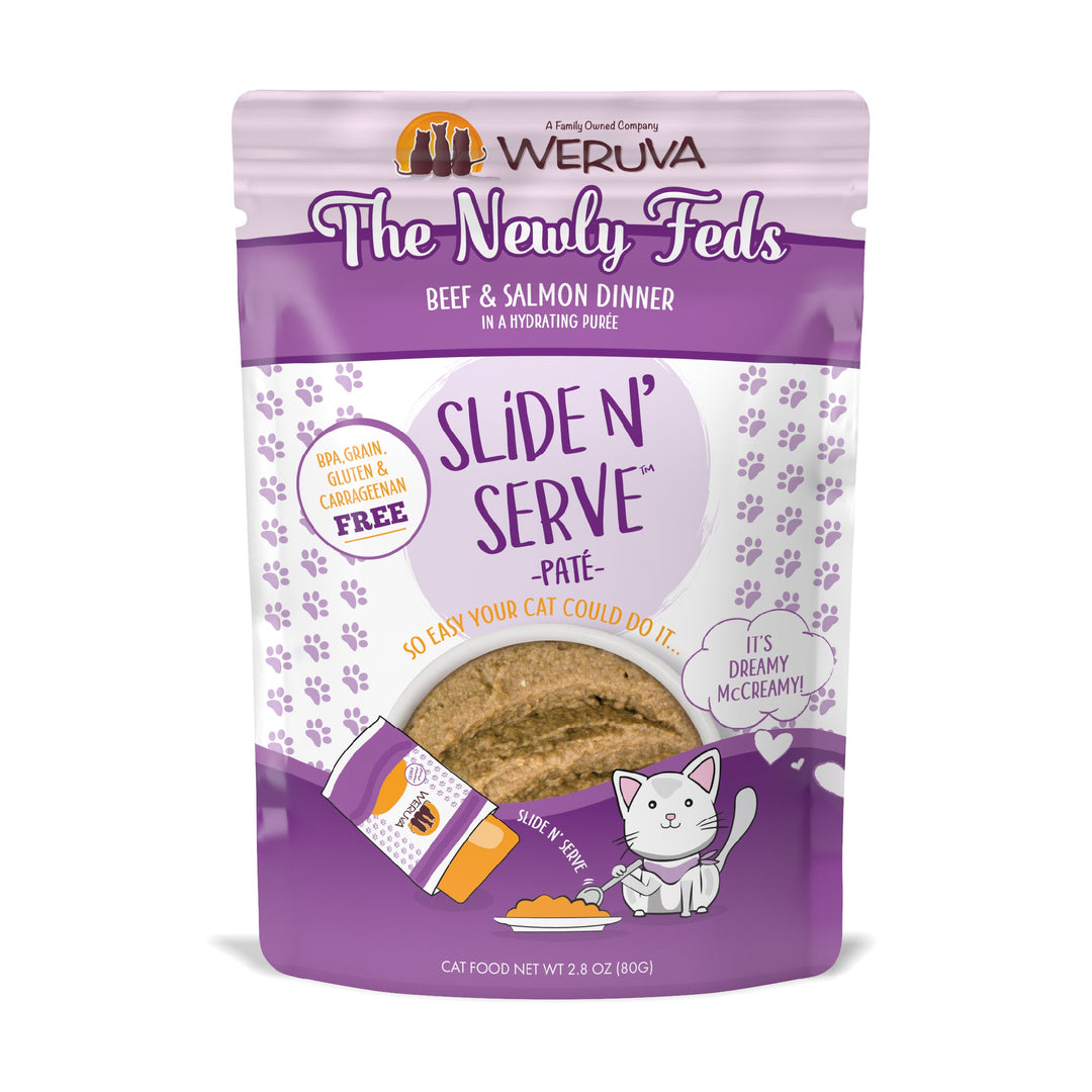 Weruva Slide N' Serve - The Newly Feds - Pâté de Boeuf et Saumon dans une Purée Hydratante - Nourriture Humide Sans Grains pour Chats en Sachet