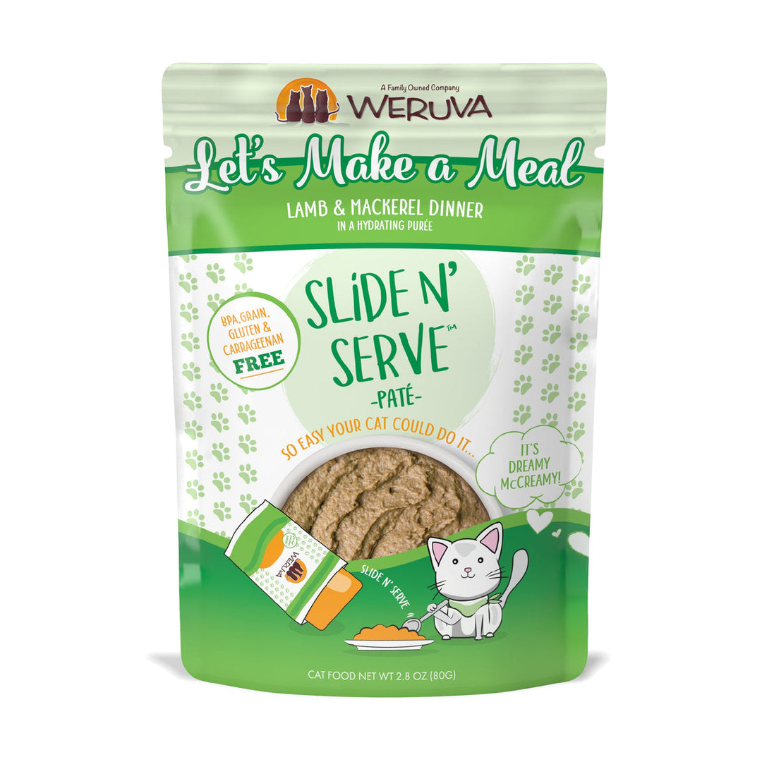 Weruva Slide N' Serve - Chat "Let's Make A Meal" Pâté d'Agneau et Maquereau dans une Purée Hydratante - Nourriture Humide Sans Grains pour Chats en Pochette