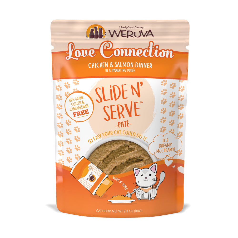 Weruva Slide N' Serve - Love Connection - Pâté de Poulet et Saumon dans une Purée Hydratante - Nourriture Humide Sans Grains pour Chats en Sachet
