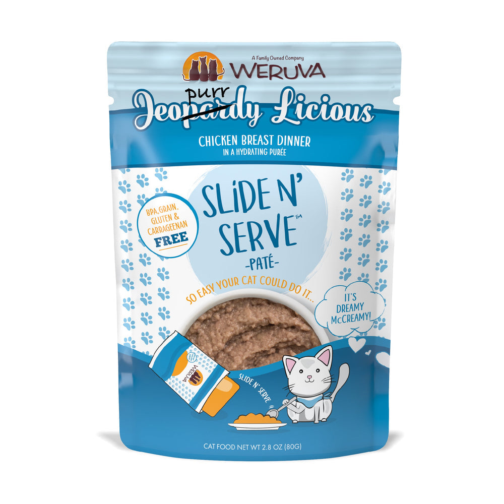 Weruva Slide N' Serve - Chat "Jeopurrdy Licious" Pâté de Poitrine de Poulet dans une Purée Hydratante - Nourriture Humide Sans Grains pour Chats en Pochette