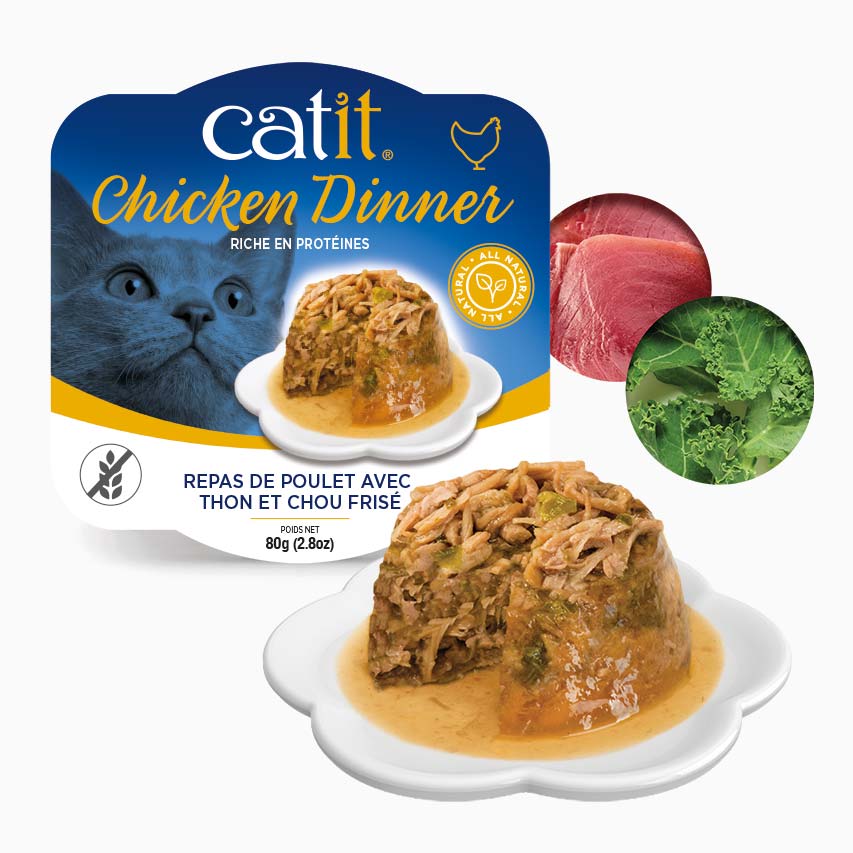 Catit Dinner - Chat Poulet avec Garniture de Thon et Chou Vert en Sauce - Nourriture Humide Sans Grains pour Chats