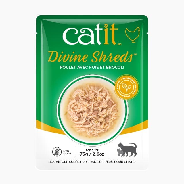 Catit Divine Shreds - Chat Poulet avec Foie et Brocoli en Bouillon - Nourriture Humide Sans Grains pour Chats en Sachet