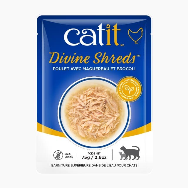 Catit Divine Shreds - Chat Poulet avec Maquereau et Brocoli en Bouillon - Nourriture Humide Sans Grains pour Chats en Sachet