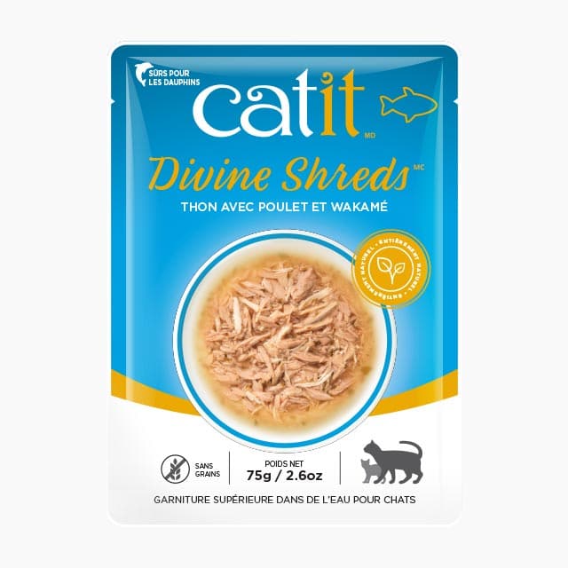 Catit Divine Shreds - Chat Thon avec Poulet et Wakamé en Bouillon - Nourriture Humide Sans Grains pour Chats en Sachet