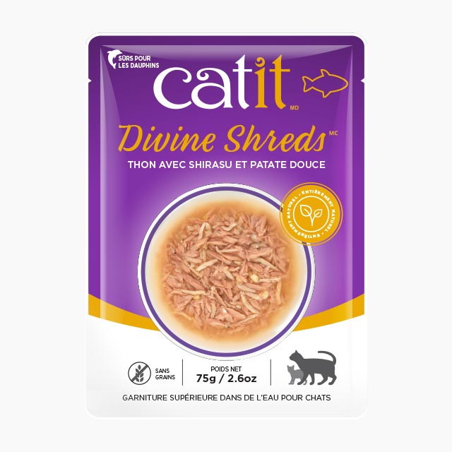 Catit Divine Shreds - Chat Thon avec Shirasu et Patate Douce en Bouillon - Nourriture Humide Sans Grains pour Chats en Sachet