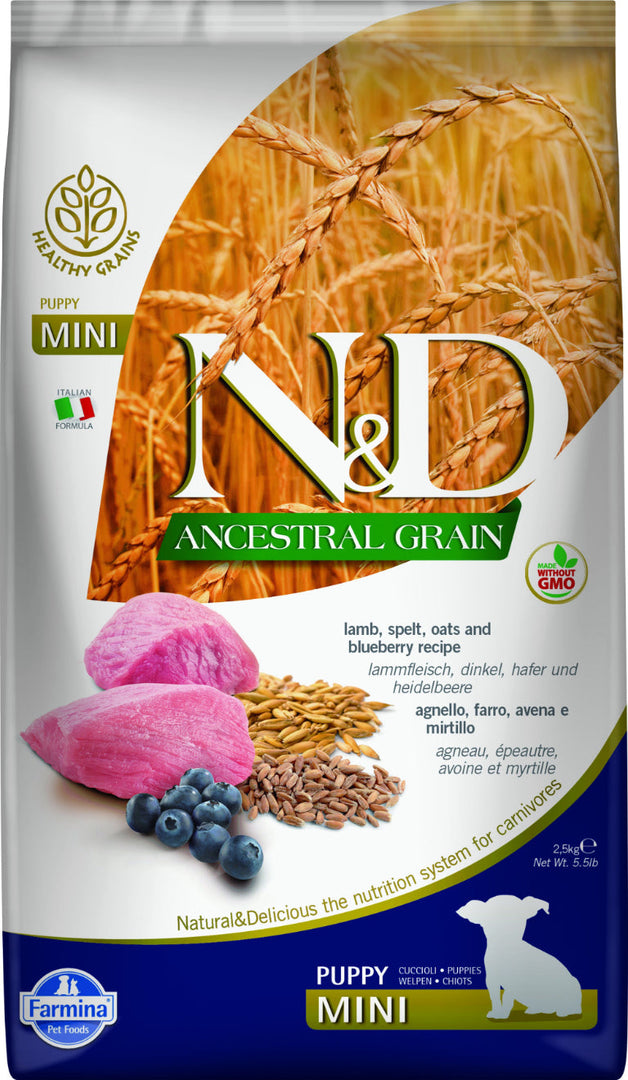 Farmina N&D Grains Ancestraux - Agneau, Épeautre, Avoine et Myrtille - Nourriture Sèche pour Chiots de Petites Races