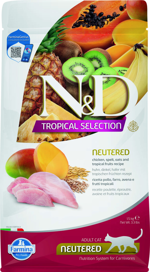 Famina N&D Tropical Selection - Poulet et Fruits Tropicaux - Nourriture Sèche pour Chats Adultes Stérilisés