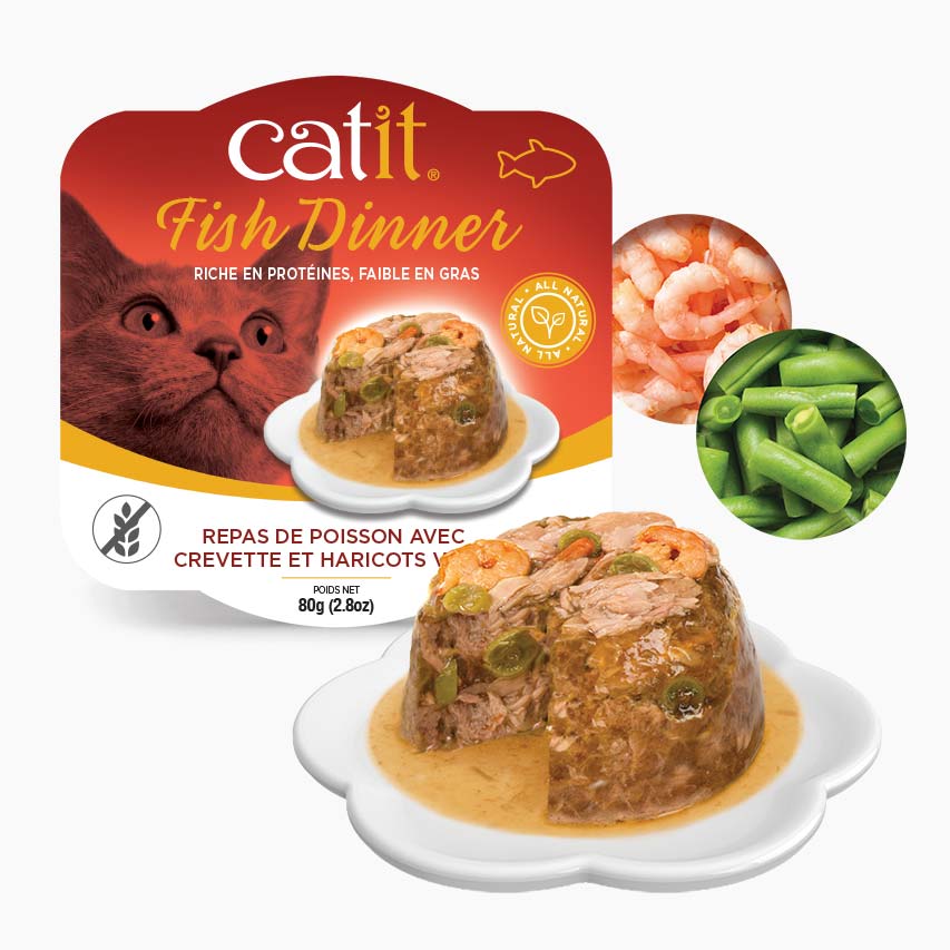 Catit Dinner - Chat Poisson avec Garniture de Crevettes et Haricots Verts en Sauce - Nourriture Humide Sans Grains pour Chats