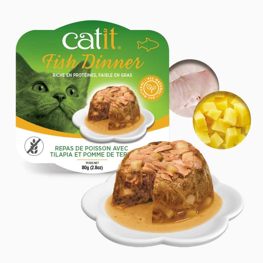 Catit Dinner - Poison avec Garniture de Tilapia et Pommes de Terre en Sauce - Nourriture Humide Sans Grains pour Chats