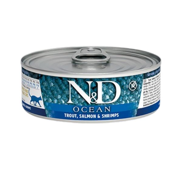 Famina N&D Océan - Truite, Saumon et Crevettes - Nourriture Humide Sans Grains pour Chats