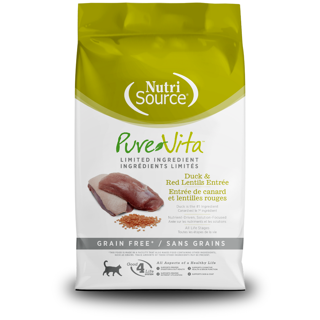 NutriSource PureVita - Chat Canard et Lentilles - Nourriture Sèche à Ingrédients Limités Sans Grains pour Chats