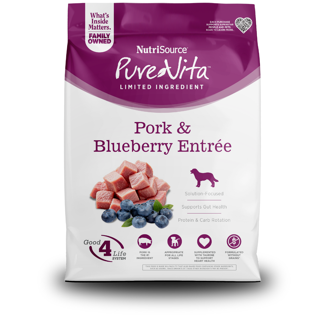 NutriSource PureVita - Chien Porc et Bleuets - Nourriture Sèche à Ingrédients Limités Sans Grains pour Chiens