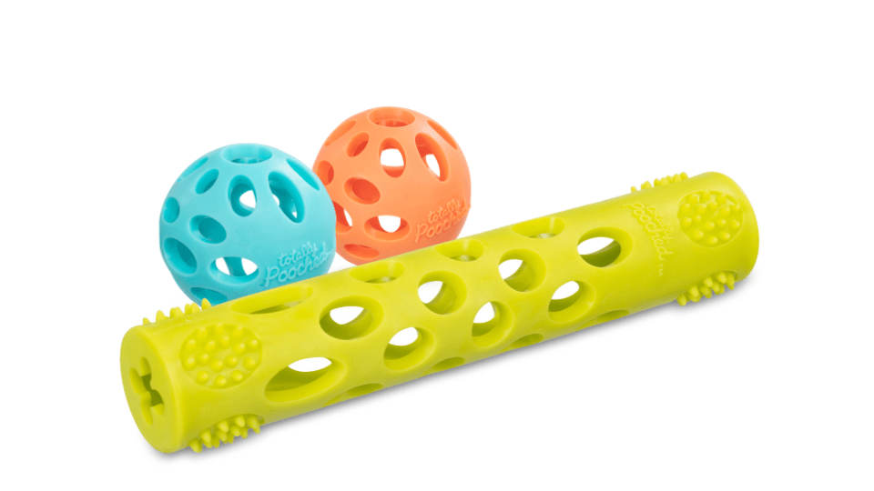 Messy Mutts Totally Pooched - 2 Balles et 1 Bâton Huff'n Puff - Ensemble de 3 Jouets pour Chiens