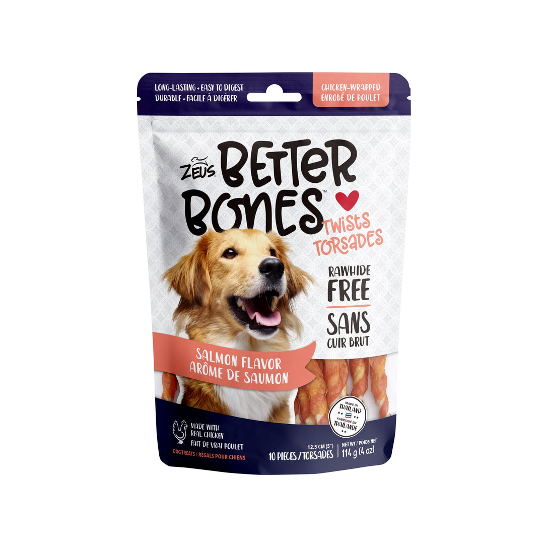 Zeus Better Bones - Bâtonnets Torsadés Saveur de Saumon Enrobés de Poulet - Gâteries Sans Cuir Brut pour Chiens