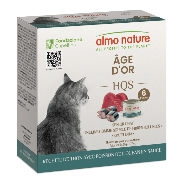 Almo Nature HQS Formule Soutien - Âge d'Or, Thon et Poisson de l'Océan en Sauce - Nourriture Humide pour Chats Seniors