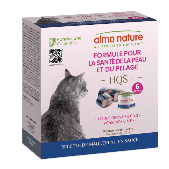 Almo Nature HQS Formule Soutien - Peau et Pelage, Maquereau en Sauce - Nourriture Humide pour Chats Adultes