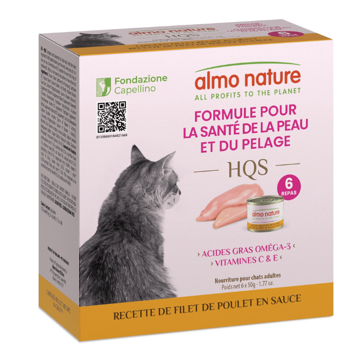 Almo Nature HQS Formule Soutien - Peau et Pelage, Filet de Poulet en Sauce - Nourriture Humide pour Chats Adultes