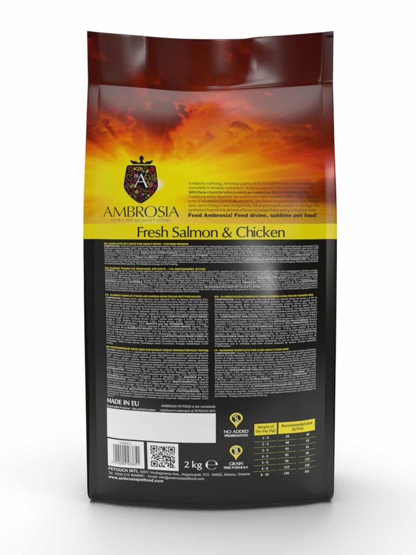 Ambrosia - Poulet et Saumon - Nourriture Sèche avec Sans Grains pour Chiens Adultes de Minis et Petites Races