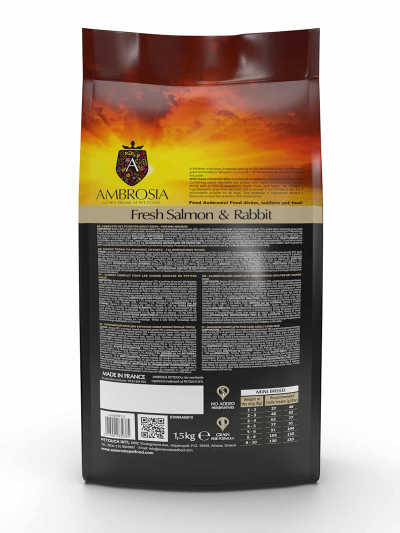 Ambrosia - Sensible, Saumon et Lapin - Nourriture Sèche avec Sans Grains pour Chiens Adultes de Minis et Petites Races