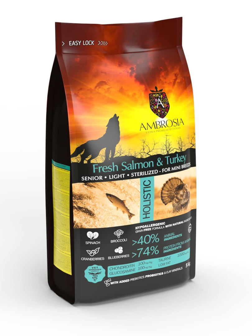 Ambrosia - Sensible, Légère, Stérilisé, Dinde et Saumon - Nourriture Sèche avec Sans Grains pour Chiens Senior de Minis et Petites Races
