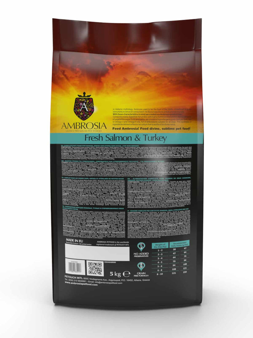 Ambrosia - Sensible, Légère, Stérilisé, Dinde et Saumon - Nourriture Sèche avec Sans Grains pour Chiens Senior de Minis et Petites Races