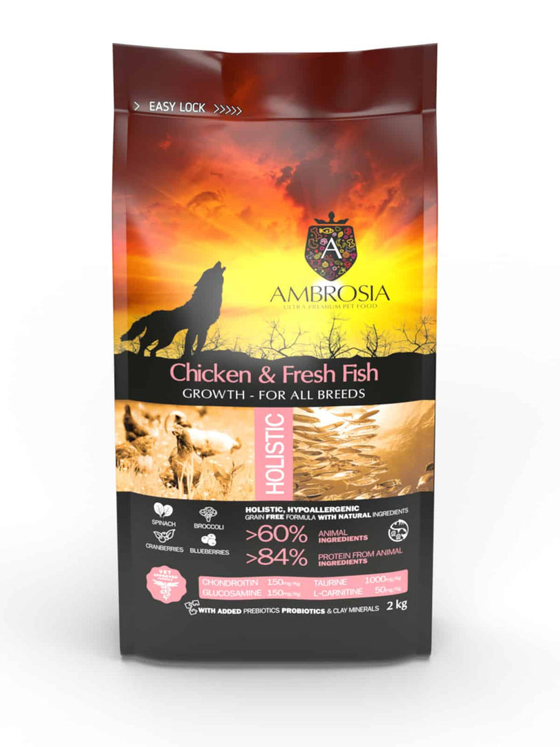 Ambrosia - Poulet et Poisson - Nourriture Sèche avec Sans Grains pour Chiots