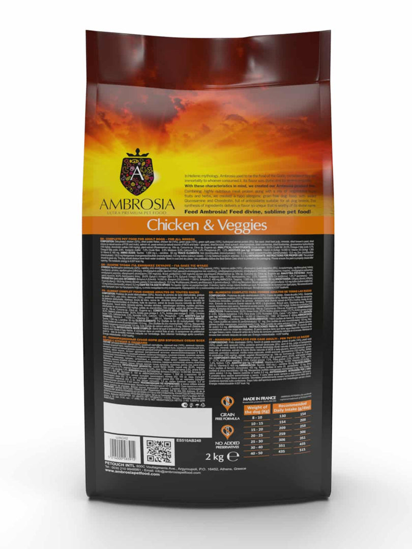Ambrosia - Poulet et Légumes - Nourriture Sèche avec Sans Grains pour Chiens Adultes