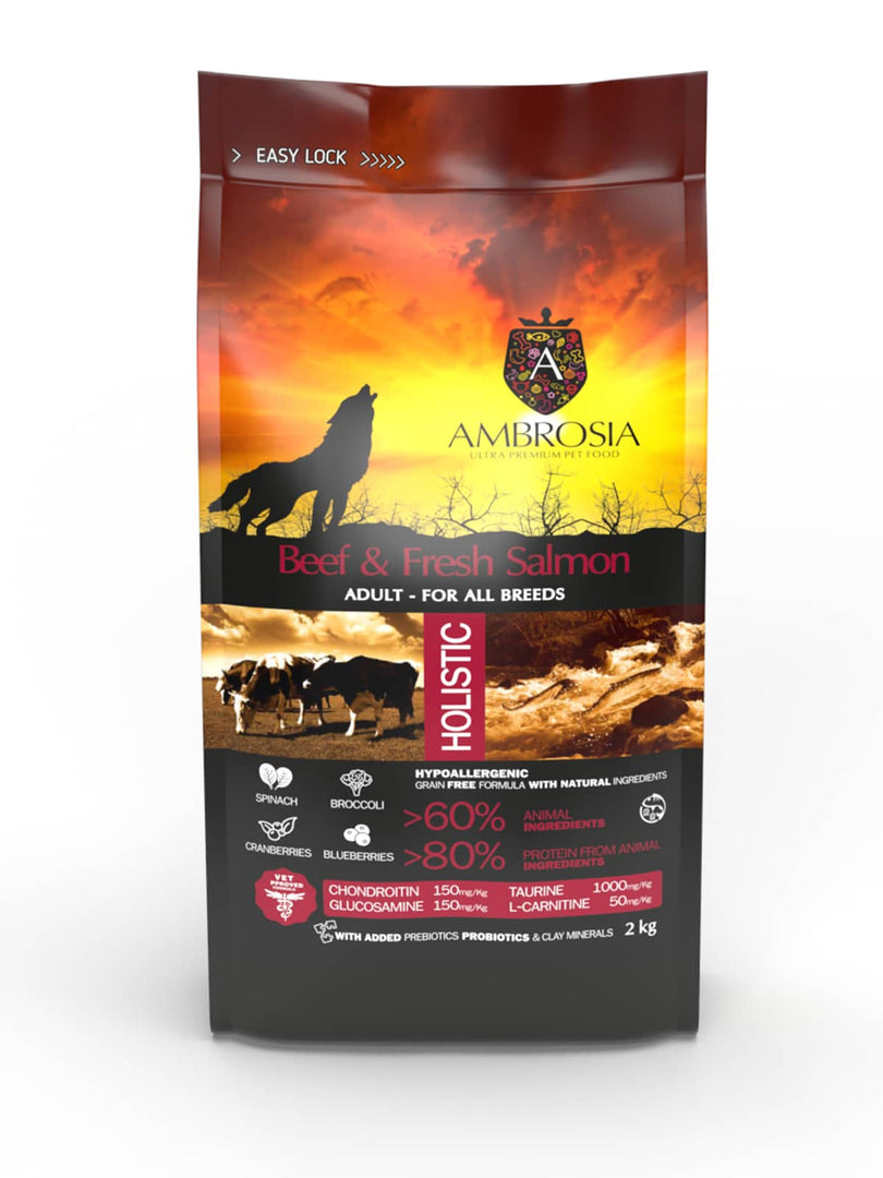 Ambrosia - Boeuf et Saumon - Nourriture Sèche avec Sans Grains pour Chiens Adultes