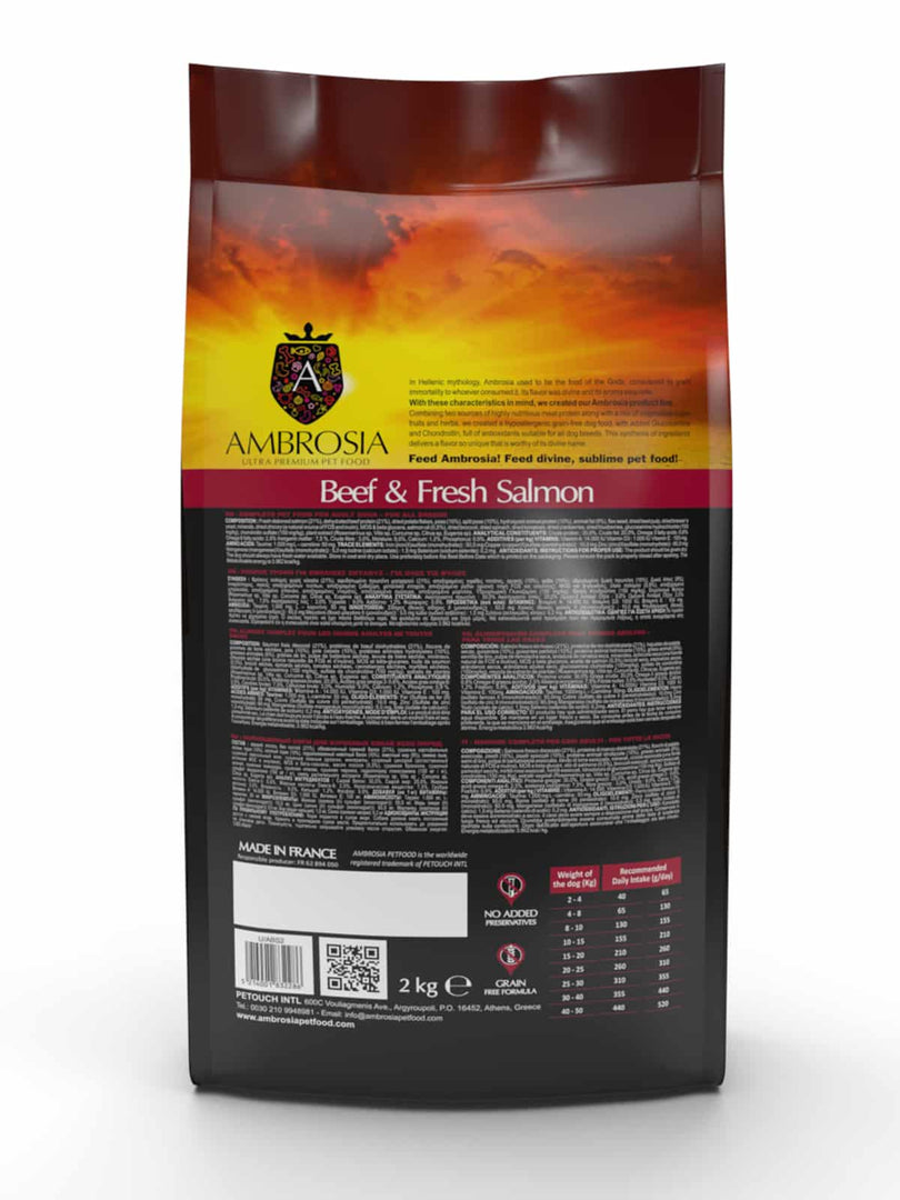 Ambrosia - Boeuf et Saumon - Nourriture Sèche avec Sans Grains pour Chiens Adultes