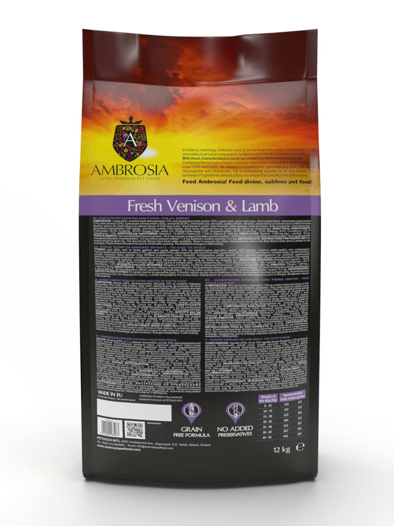 Ambrosia - Agneau et Venaison - Nourriture Sèche avec Sans Grains pour Chiens Adultes