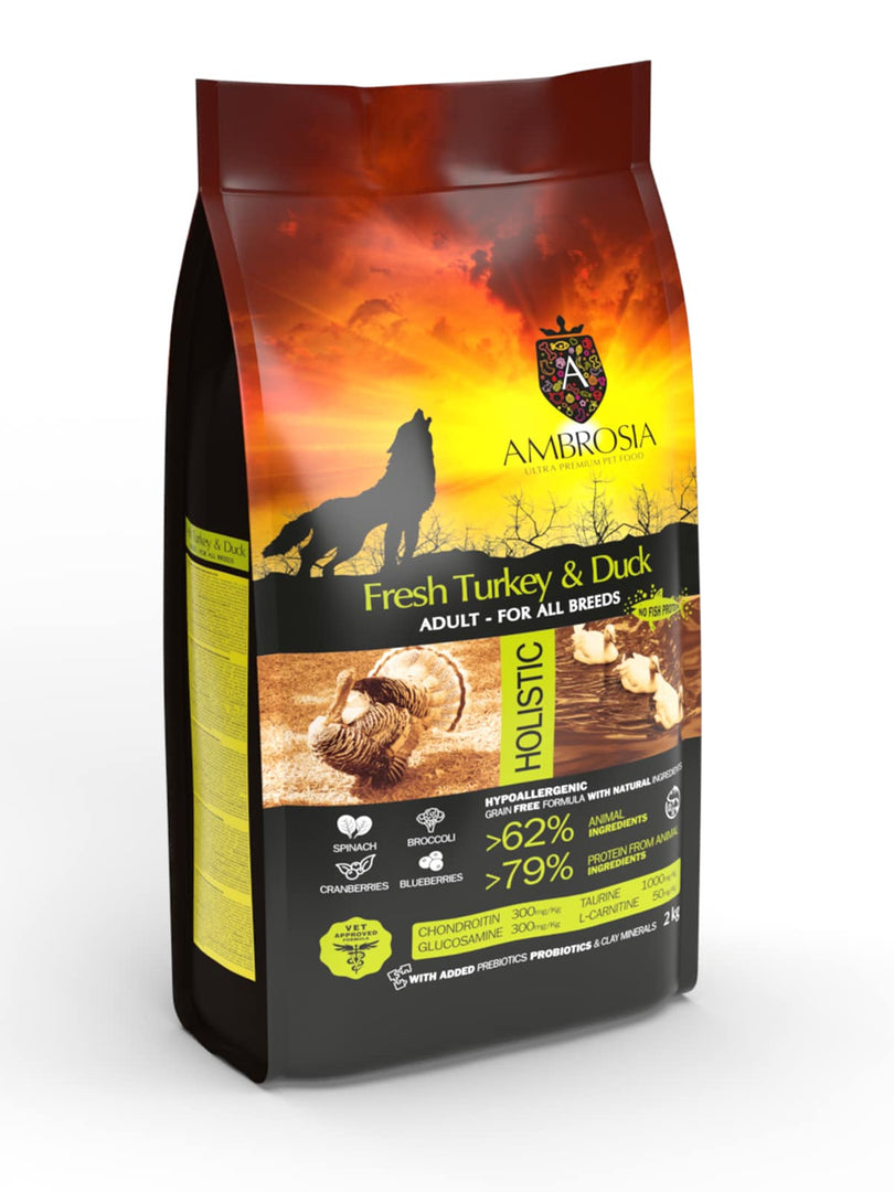 Ambrosia - Dinde et Canard - Nourriture Sèche avec Sans Grains pour Chiens Adultes