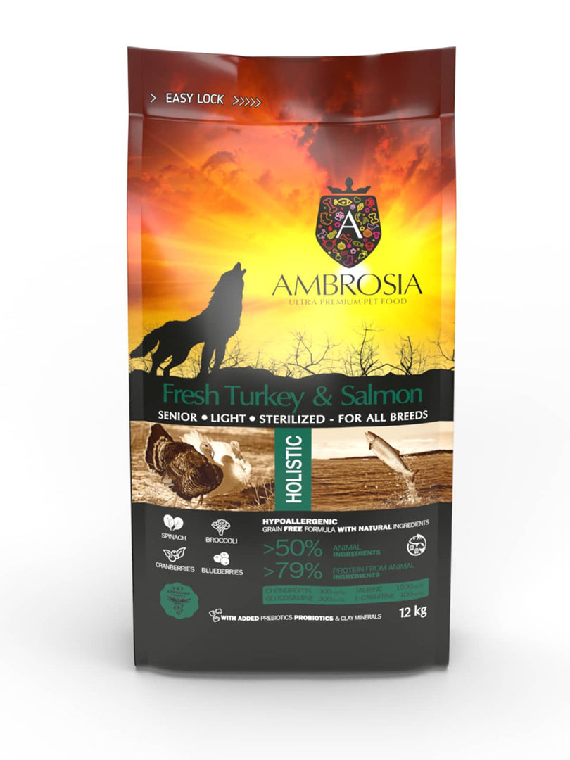 Ambrosia - Légère, Stérilisé, Dinde et Saumon - Nourriture Sèche avec Sans Grains pour Chiens Senior