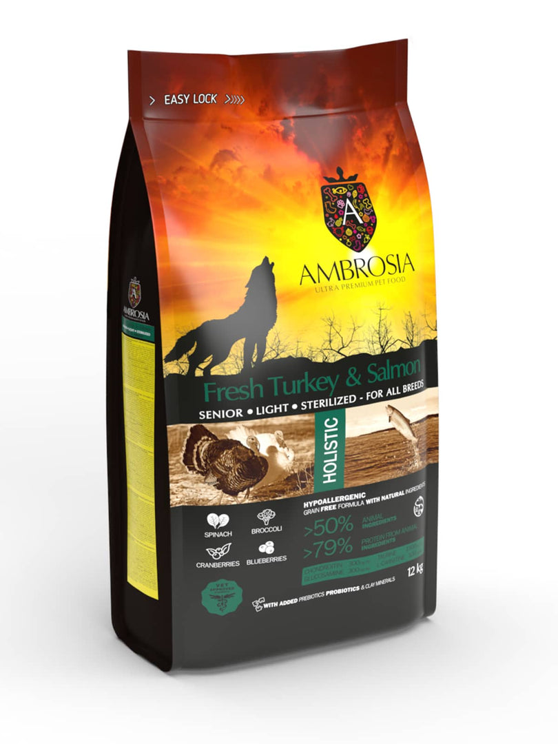 Ambrosia - Légère, Stérilisé, Dinde et Saumon - Nourriture Sèche avec Sans Grains pour Chiens Senior